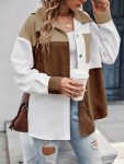 Color Block Long Sleeve Lapel Shirt, Casual Drop Shoulder Single Breasted Patched Pocket Shirt, Women's Clothing