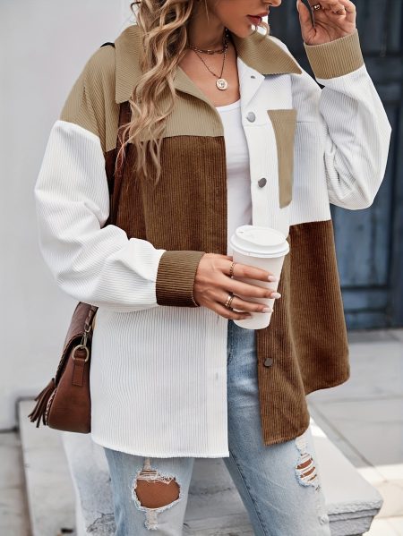 Color Block Long Sleeve Lapel Shirt, Casual Drop Shoulder Single Breasted Patched Pocket Shirt, Women's Clothing