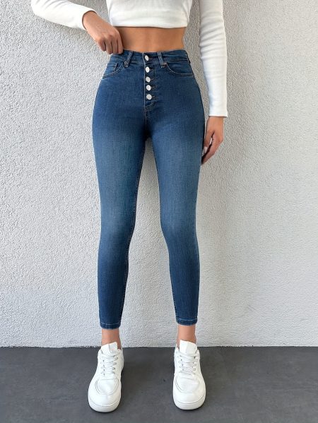 Women'S Mid-waist Form-fitting Dark Blue Jeans | Telescopic Material, Comfortable "90'S Retro Street Fashion Casual Jeans All-bag Design Suitable For Women, Machine Washable Jeans, Popular To Wear