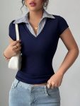 Women's Elegant V-Neck Striped Contrast Trim High Elasticity Slim Fit Short Sleeve Top - Breathable Summer Shirt, Machine Washable, Cute Short Sleeve Tops, Casual Wear, Sophisticated Casual, Comfortable Wear