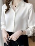 Women'S Polyester 100% Long Sleeve Blouse, Solid Color, Non-Stretch Woven Fabric, Lapel Collar, Placket, Sexy Style, Anti-Wrinkle, Professional Business Shirt for Spring/Summer/Fall