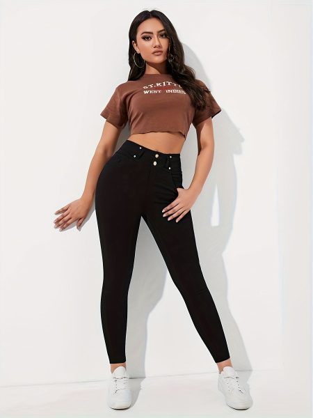 Women's Elegant Skinny Jeans High Waist Solid Color Viscose Blend with Button Details Medium Stretch Woven Pants - All Season
