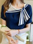 Striped Print Sailor Collar Blouse, Elegant Short Sleeve Tie Knot Top for Spring & Summer, Women's Clothing