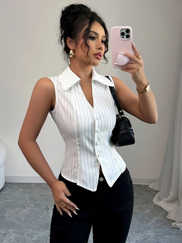 [V-Neck Striped Top] Elegant V-Neck Striped Top | Women's Fashionable Commuter Casual Sleeveless with Button Detail and Slit Hem | Suitable for Spring/Summer Holiday