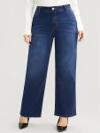 Plus Size Women's Jeans - Soft, Comfortable, Straight Leg Denim Pants, Blue, Slash Pocket, Zipper Button Closure