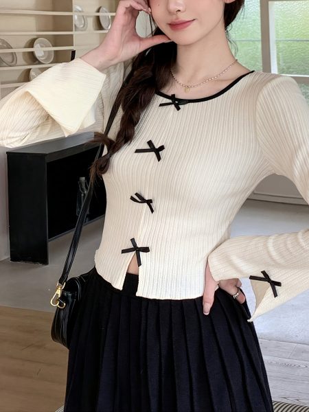Women's Elegant Casual Long Sleeve T-Shirt with Bow Accents & Asymmetrical Hem - Round Neck Ribbed Top, Machine Washable, Spring Summer Fall Versatile Wardrobe Staple, Ladies T Shirts, Seasonal Fashion, Round Neck Top, Textured Fabric