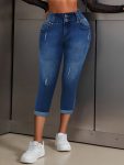 [Denim Print/Imitation Denim] Women's High-Waisted Skinny Jeans - Stretch Imitation Denim Leggings with Print, Mid-Rise All-Season Machine Washable Pants in Vibrant Blue for Casual & Formal Outfits, Ladies Jeans, Versatile Clothing, Durable Fabric, Casual