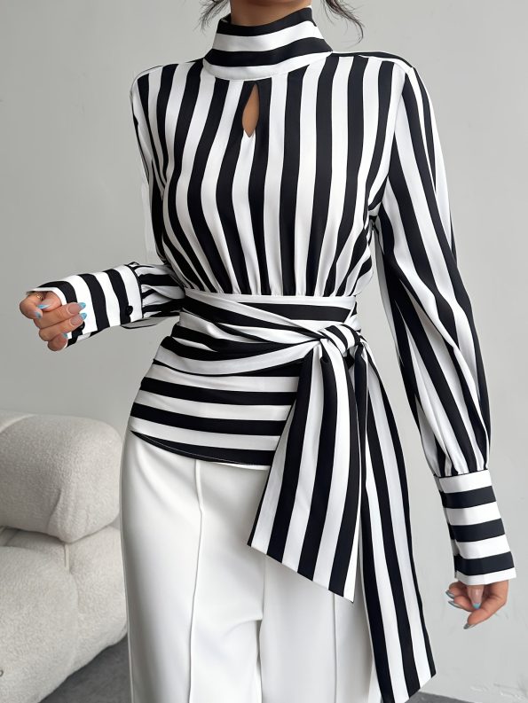 [Elegant Blouse] Elegant High Neck Long Sleeve Blouse | Women's Bold Blue/White Stripes with Adjustable Waist Tie - Machine Washable Non-Stretch Shirt for Spring Summer Fall