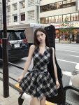 Women'S Black & White Plaid V-Neck Halter Dress - Sleeveless A-Line Mid-Length Flared Skirt with Cross Strap Detail, Asymmetrical Hem for Spring/Summer Casual & Semi-Formal Wear, Summer Fashion, Stylish Layering, Semiformal Attire, Semiformal Attire, Qual