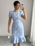Women's Elegant Solid Color Round Neck Ruffled Sleeve Midi Dress with Flared Hem - Fitted All-Season Machine Washable Casual to Semi-Formal Wear, Formal Attire, Quality Craftsmanship, Textured Appearance, Office Attire, Nonstretch Fabric, Fashion Lovers
